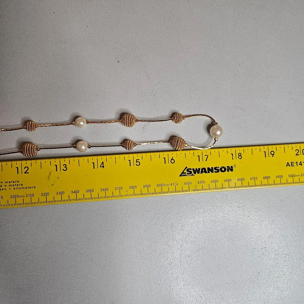 Vintage Trifari Gold‎ Tone Faux Pearl Ribbed Bead Station Necklace 34 Inch Long